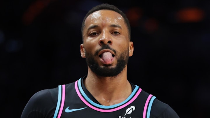Miami Heat guard Norman Powell (24) reacts (Mandatory Credit: Sam Navarro-Imagn Images)