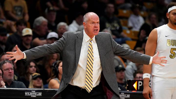 Feb 7, 2026; Boulder, Colorado, USA; Colorado Buffaloes head coach Tad Boyle reacts during the first half against the Arizona State Sun Devils at the CU Events Center. Mandatory Credit: Ron Chenoy-Imagn Images