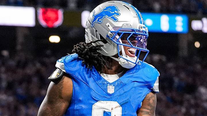 Detroit Lions running back Jahmyr Gibbs (0) celebrates a touchdown against Chicago Bears during the first half at Ford Field in Detroit on Sunday, Sept. 14, 2025.