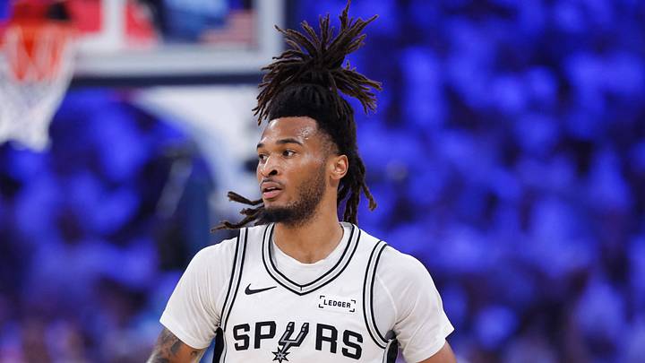 May 20, 2026; Oklahoma City, Oklahoma, USA; San Antonio Spurs guard Stephon Castle (5) looks to pass during the second quarter against the Oklahoma City Thunder during game two of the western conference finals for the 2026 NBA playoffs at Paycom Center. Mandatory Credit: Alonzo Adams-Imagn Images
