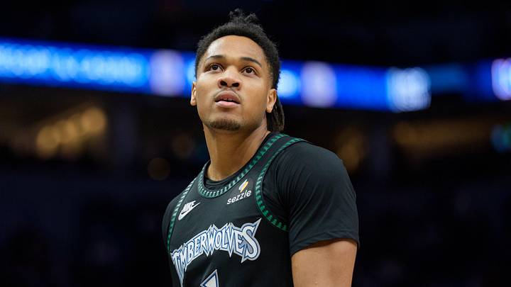 Nov 29, 2025; Minneapolis, Minnesota, USA; Minnesota Timberwolves guard Terrence Shannon Jr. (1) during a stoppage against the Boston Celtics in the fourth quarter at Target Center. Mandatory Credit: Matt Blewett-Imagn Images