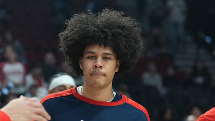 Mar 17, 2025; Portland, Oregon, USA; Washington Wizards forward Kyshawn George (18) is introduced before the game against the Portland Trail Blazers at Moda Center. Mandatory Credit: Soobum Im-Imagn Images Mar 17, 2025; Portland, Oregon, USA; Washington Wizards forward Kyshawn George (18) is introduced before the game against the Portland Trail Blazers at Moda Center. Mandatory Credit: Soobum Im-Imagn Images