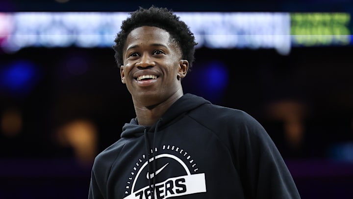 Oct 25, 2025; Philadelphia, Pennsylvania, USA; Philadelphia 76ers guard VJ Edgecombe before action against the Charlotte Hornets at Xfinity Mobile Arena. Mandatory Credit: Bill Streicher-Imagn Images Oct 25, 2025; Philadelphia, Pennsylvania, USA; Philadelphia 76ers guard VJ Edgecombe before action against the Charlotte Hornets at Xfinity Mobile Arena. Mandatory Credit: Bill Streicher-Imagn Images
