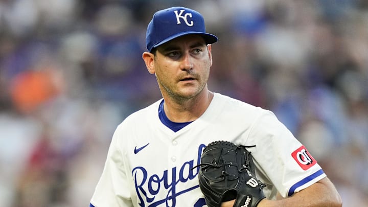 Jul 29, 2025; Kansas City, Missouri, USA; Kansas City Royals starting pitcher Seth Lugo (67) leaves the game during the sixth inning against the Atlanta Braves at Kauffman Stadium. Mandatory Credit: Jay Biggerstaff-Imagn Images