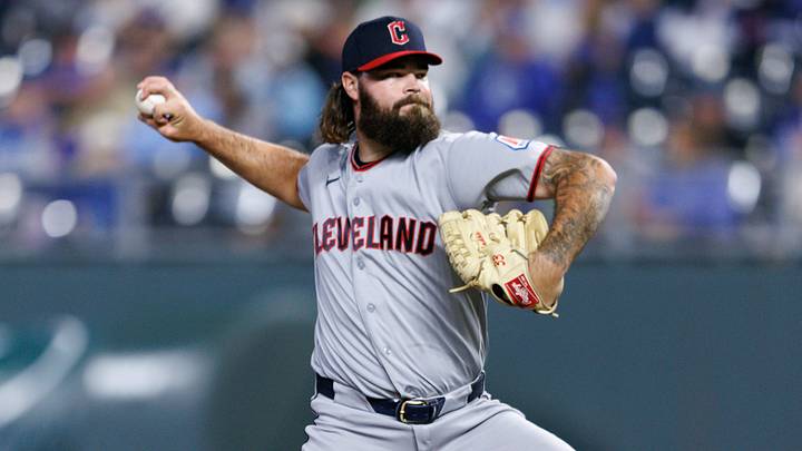 Sep 25, 2026; Kansas City, Missouri, USA;  Cleveland Guardians pitcher Hunter Gaddis (33) pitches during the eighth inning against the Kansas City Royals  at Kauffman Stadium.  Mandatory Credit: William Purnell-Imagn Images