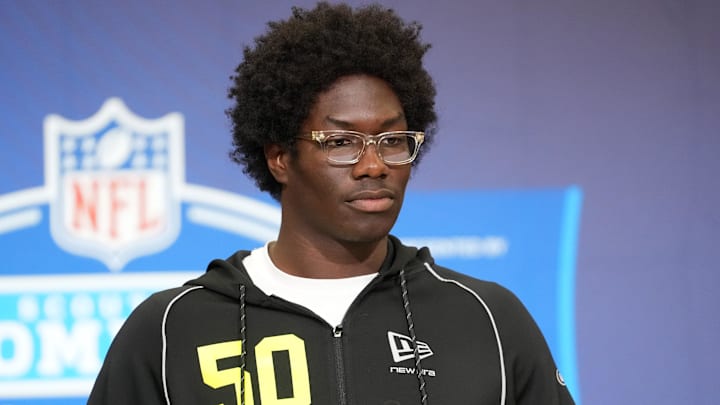 Feb 25, 2026; Indianapolis, IN, USA; Southern California defensive lineman Anthony Lucas (DL50) speaks during the NFL Scouting Combine at the Indiana Convention Center. Feb 25, 2026; Indianapolis, IN, USA; Southern California defensive lineman Anthony Lucas (DL50) speaks during the NFL Scouting Combine at the Indiana Convention Center.