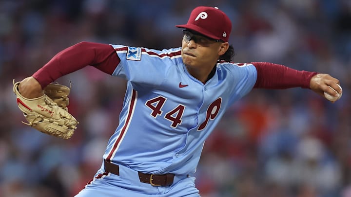 Sep 11, 2025; Philadelphia, Pennsylvania, USA; Philadelphia Phillies pitcher Jesus Luzardo (44) throws a pitch Monday during the first inning at Citizens Bank Park.