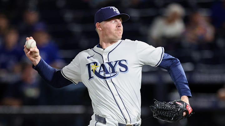 Sep 17, 2025; Tampa, Florida, USA; Tampa Bay Rays pitcher Pete Fairbanks (29) throws a pitch against the Toronto Blue Jays in the ninth inning at George M. Steinbrenner Field.  