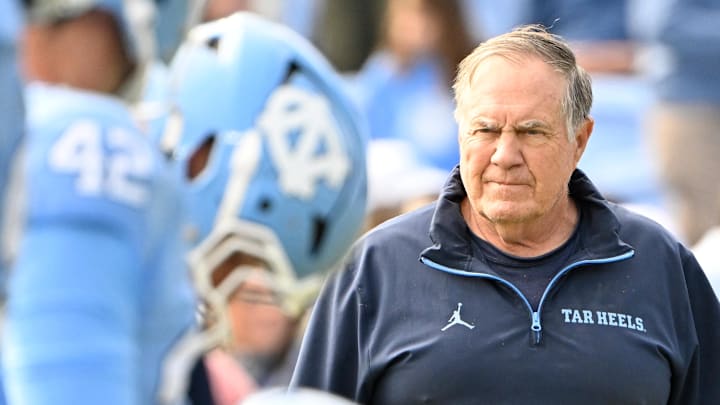 Oct 25, 2025; Chapel Hill, North Carolina, USA; North Carolina Tar Heels head coach Bill Belichick with the team before the game at Kenan Stadium. Mandatory Credit: Bob Donnan-Imagn Images