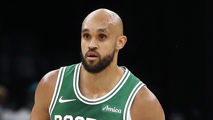 Oct 8, 2025; Memphis, Tennessee, USA; Boston Celtics guard Derrick White (9) looks on during the second quarter against the Memphis Grizzlies at FedExForum. Oct 8, 2025; Memphis, Tennessee, USA; Boston Celtics guard Derrick White (9) looks on during the second quarter against the Memphis Grizzlies at FedExForum.