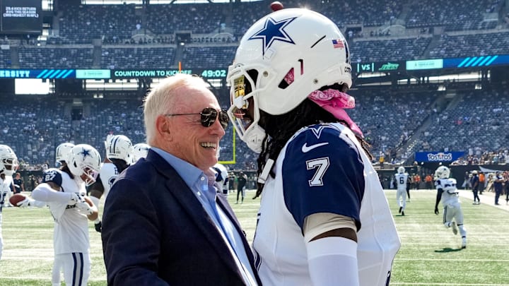 Dallas Cowboys Owner, President and general manager Jerry Jones with cornerback Trevon Diggs before a game against the New York Jets Dallas Cowboys Owner, President and general manager Jerry Jones with cornerback Trevon Diggs before a game against the New York Jets