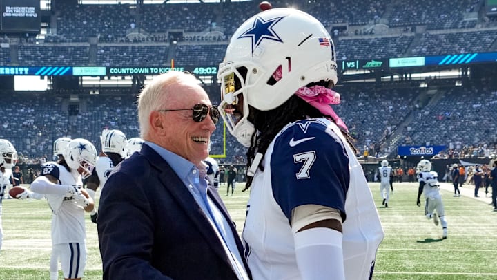 Dallas Cowboys owner Jerry Jones with cornerback Trevon Diggs on the field before a game against the New York Jets Dallas Cowboys owner Jerry Jones with cornerback Trevon Diggs on the field before a game against the New York Jets