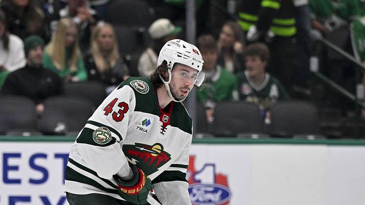 Apr 28, 2026; Dallas, Texas, USA; Minnesota Wild defenseman Quinn Hughes (43) skates against the Dallas Stars in game five of the first round of the 2026 Stanley Cup Playoffs at American Airlines Center. Mandatory Credit: Jerome Miron-Imagn Images
