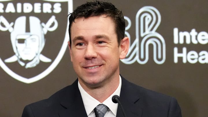 Feb 10, 2026; Henderson, NV, USA; Las Vegas Raiders coach Klint Kubiak speaks at introductory press conference at Intermountain Health Performance Center. Mandatory Credit: Kirby Lee-Imagn Images