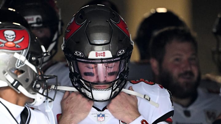 Dec 21, 2025; Charlotte, North Carolina, USA; Tampa Bay Buccaneers quarterback Baker Mayfield (6) before a game against the Carolina Panthers at Bank of America Stadium. Mandatory Credit: Bob Donnan-Imagn Images