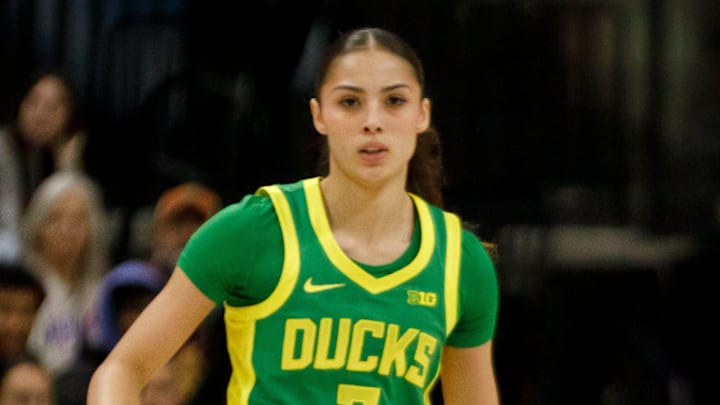 Oregon guard Katie Fiso moves the ball up the court as the Oregon Ducks face the Washington Huskies on Feb. 15, 2026, at Alaska Airlines Arena in Seattle, Washington. Oregon guard Katie Fiso moves the ball up the court as the Oregon Ducks face the Washington Huskies on Feb. 15, 2026, at Alaska Airlines Arena in Seattle, Washington.