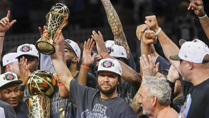 Jun 13, 2026; San Antonio, Texas, USA; New York Knicks guard Jalen Brunson (11) celebrates with his teammates after the Knicks defeat the San Antonio Spurs during game five of the 2026 NBA Finals at Frost Bank Center. Mandatory Credit: Geoff Burke-Imagn Images