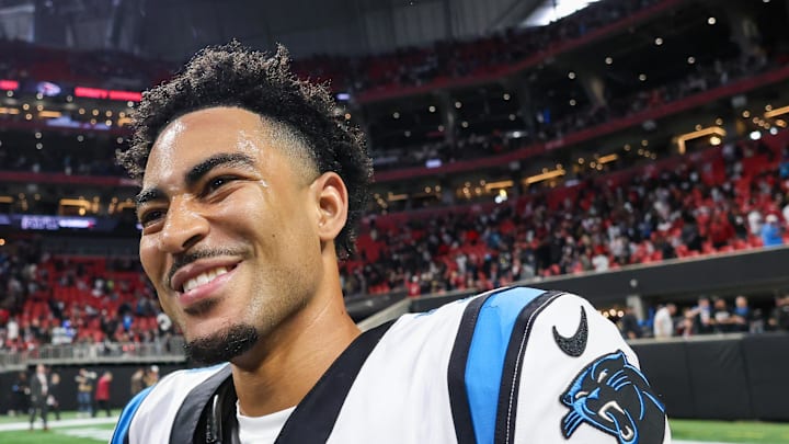 Carolina Panthers quarterback Bryce Young celebrates after a victory over the Atlanta Falcons.