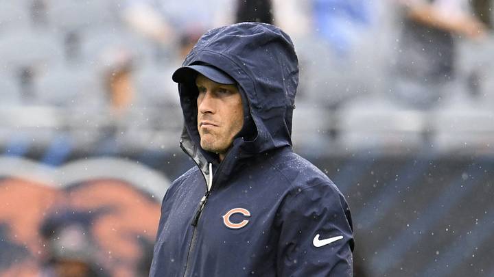 Sep 20, 2026; Chicago, Illinois, USA;  Chicago Bears head coach Ben Johnson looks on in the rain before a game against the Minnesota Vikings at Soldier Field.  Mandatory Credit: Matt Marton-Imagn Images