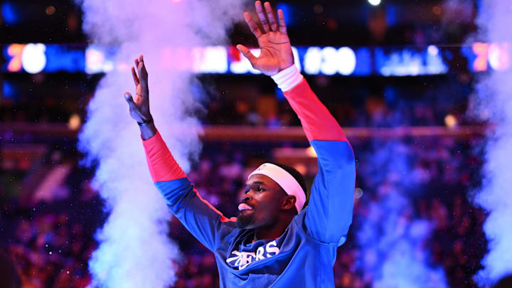Apr 11, 2025; Philadelphia, Pennsylvania, USA; Philadelphia 76ers center Adem Bona (30) is introduced before the game against the Atlanta Hawks at Wells Fargo Center. Mandatory Credit: Kyle Ross-Imagn Images