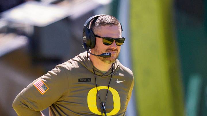 Oregon head coach Dan Lanning looks on during the Oregon Ducks annual spring game on April 25, 2026 at Autzen Stadium in Eugene, Oregon. Oregon head coach Dan Lanning looks on during the Oregon Ducks annual spring game on April 25, 2026 at Autzen Stadium in Eugene, Oregon.