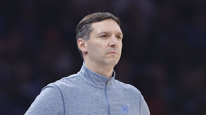 Jan 5, 2026; Oklahoma City, Oklahoma, USA; Oklahoma City Thunder head coach Mark Daigneault watches his team play against the Charlotte Hornets during the second quarter at Paycom Center. Mandatory Credit: Alonzo Adams-Imagn Images