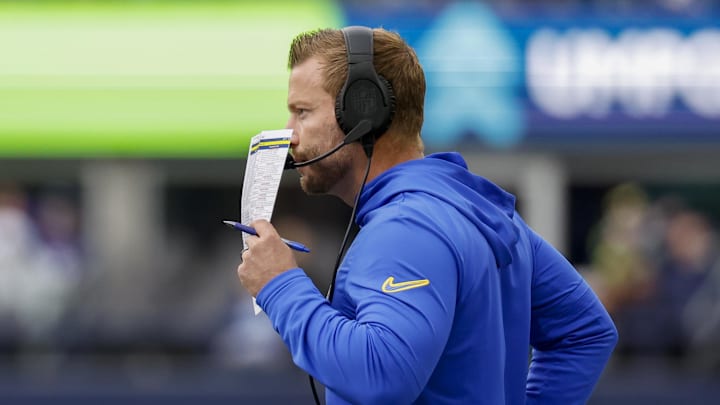 Nov 3, 2024; Seattle, Washington, USA; Los Angeles Rams head coach Sean McVay stands on the sideline during the third quarter against the Seattle Seahawks at Lumen Field. Mandatory Credit: Joe Nicholson-Imagn Images