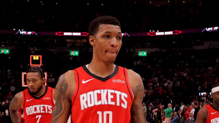 Dec 29, 2024; Houston, Texas, USA; Houston Rockets forward Jabari Smith Jr (10) leaves the court following the game against the Miami Heat during the fourth quarter at Toyota Center. Mandatory Credit: Erik Williams-Imagn Images
Dec 29, 2024; Houston, Texas, USA; Houston Rockets forward Jabari Smith Jr (10) leaves the court following the game against the Miami Heat during the fourth quarter at Toyota Center. Mandatory Credit: Erik Williams-Imagn Images