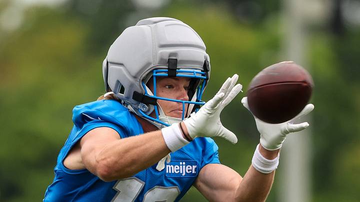 Aug 2, 2026; Allen Park, MI, USA; Detroit Lions wide receiver Isaac TeSlaa (18) catches a pass during Detroit Lions training camp at Meijer Performance Center. Mandatory Credit: Paul Barnick-Imagn Images