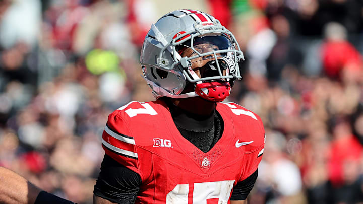 Nov 1, 2025; Columbus, Ohio, USA;  Ohio State Buckeyes wide receiver Carnell Tate (17) celebrates a long catch during the third quarter against the Penn State Nittany Lions at Ohio Stadium. Mandatory Credit: Joseph Maiorana-Imagn Images