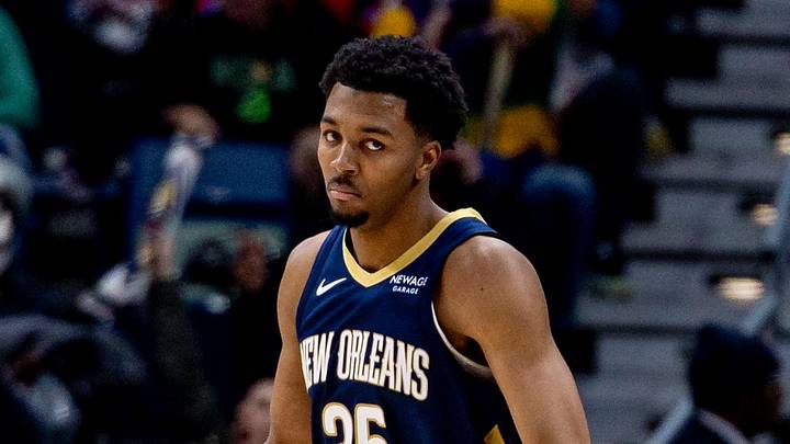 Feb 23, 2025; New Orleans, Louisiana, USA;  New Orleans Pelicans guard Trey Murphy III (25) reacts to making a three point basket against the San Antonio Spurs during the second half at Smoothie King Center. Mandatory Credit: Stephen Lew-Imagn Images
