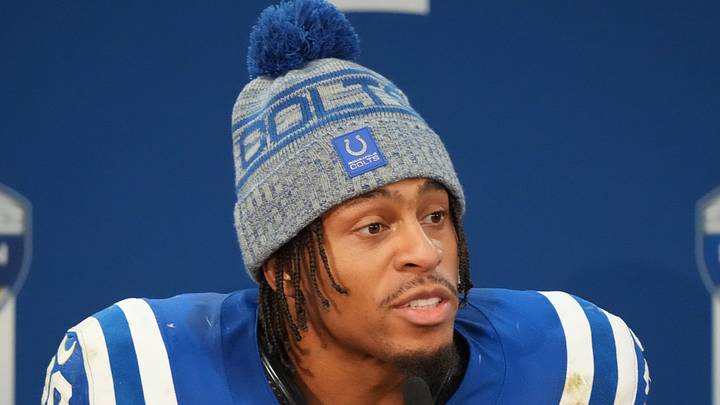 Indianapolis Colts running back Jonathan Taylor speaks to the media