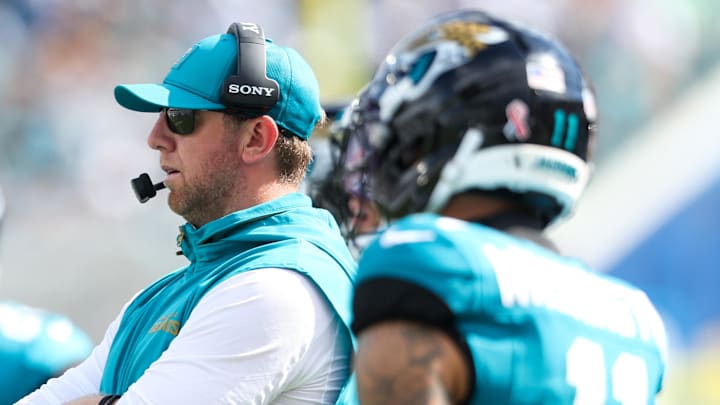 Sep 7, 2025; Jacksonville, Florida, USA; Jacksonville Jaguars head coach Liam Coen stands on the sidelines during the second half of a game against the Carolina Panthers at EverBank Stadium. Mandatory Credit: Morgan Tencza-Imagn Images