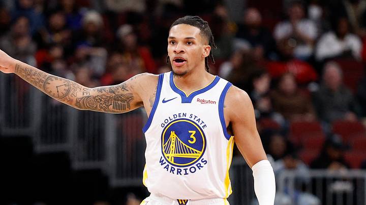 Dec 7, 2025; Chicago, Illinois, USA; Golden State Warriors guard Will Richard (3) reacts after scoring against the Chicago Bulls during the first half at United Center. Mandatory Credit: Kamil Krzaczynski-Imagn Images