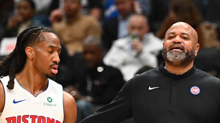 Mar 19, 2026; Washington, District of Columbia, USA; Detroit Pistons head coach J.B. Bickerstaff talks with guard Daniss Jenkins (24) : Brad Mills-Imagn Images Mar 19, 2026; Washington, District of Columbia, USA; Detroit Pistons head coach J.B. Bickerstaff talks with guard Daniss Jenkins (24) : Brad Mills-Imagn Images