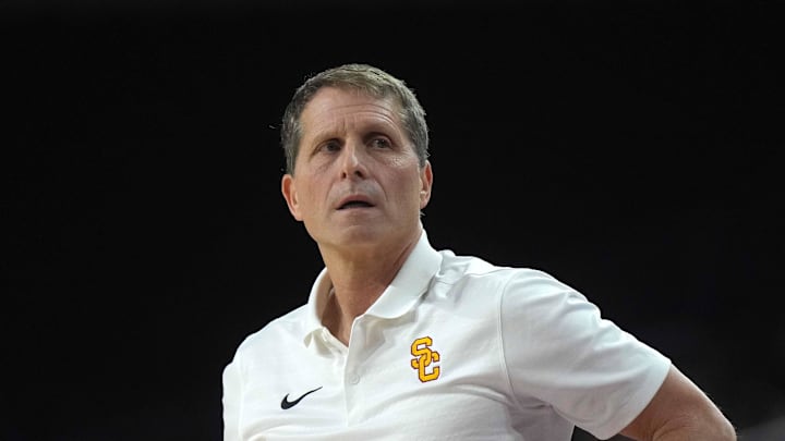 Feb 11, 2025; Los Angeles, California, USA; Southern California Trojans head coach Eric Musselman reacts during the game against the Penn State Nittany Lions at Galen Center. Mandatory Credit: Kirby Lee-Imagn Images