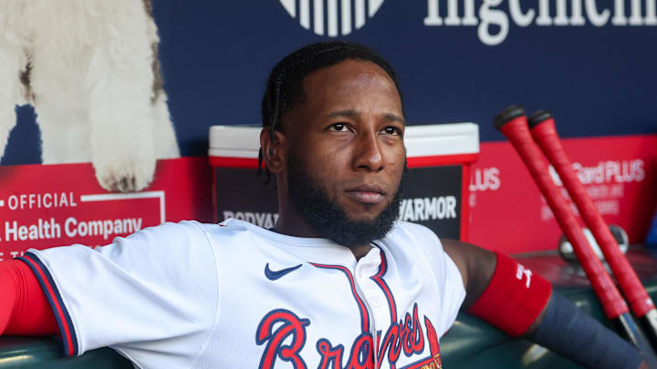 Jul 2, 2025; Atlanta, Georgia, USA; Atlanta Braves left fielder Jurickson Profar (7) in the dugout against the Los Angeles Angels in the second inning at Truist Park. Mandatory Credit: Brett Davis-Imagn Images
