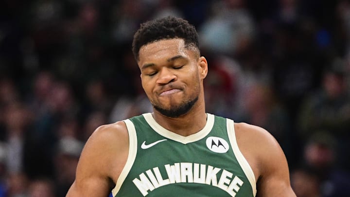Milwaukee Bucks forward Giannis Antetokounmpo reacts after missing a shot late in the fourth quarter against the Sacramento Kings at Fiserv Forum on November 1, 2025.