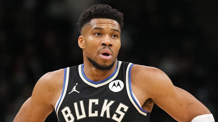 Jan 23, 2026; Milwaukee, Wisconsin, USA; Milwaukee Bucks forward Giannis Antetokounmpo (34) looks on during the second quarter against the Denver Nuggets at Fiserv Forum. Mandatory Credit: Jeff Hanisch-Imagn Images Jan 23, 2026; Milwaukee, Wisconsin, USA; Milwaukee Bucks forward Giannis Antetokounmpo (34) looks on during the second quarter against the Denver Nuggets at Fiserv Forum. Mandatory Credit: Jeff Hanisch-Imagn Images