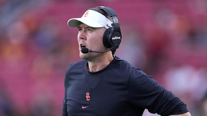 Sep 2, 2023; Los Angeles, California, USA; Southern California Trojans head coach Lincoln Riley reacts against the Nevada Wolf Pack in the second half at United Airlines Field at Los Angeles Memorial Coliseum. Mandatory Credit: Kirby Lee-Imagn Images Sep 2, 2023; Los Angeles, California, USA; Southern California Trojans head coach Lincoln Riley reacts against the Nevada Wolf Pack in the second half at United Airlines Field at Los Angeles Memorial Coliseum. Mandatory Credit: Kirby Lee-Imagn Images