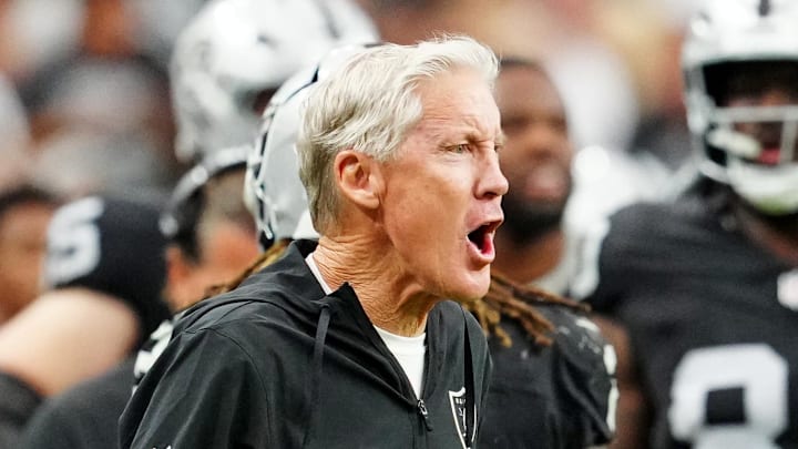 Oct 12, 2025; Paradise, Nevada, USA; Las Vegas Raiders head coach Pete Carroll reacts on the sidelines during the second half against the Tennessee Titans at Allegiant Stadium. Mandatory Credit: Stephen R. Sylvanie-Imagn Images Oct 12, 2025; Paradise, Nevada, USA; Las Vegas Raiders head coach Pete Carroll reacts on the sidelines during the second half against the Tennessee Titans at Allegiant Stadium. Mandatory Credit: Stephen R. Sylvanie-Imagn Images