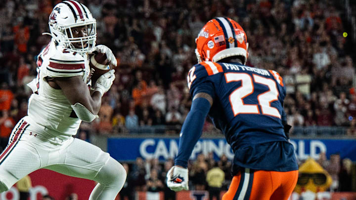 Dec 31, 2024; Orlando, FL, USA; South Carolina Gamecocks running back Oscar Adaway III (27) makes the catch against Illinois Fighting Illini defensive back Kaleb Patterson (22) in the fourth quarter at Camping World Stadium. Mandatory Credit: Jeremy Reper-Imagn Images