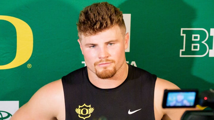 Oregon inside linebacker Bryce Boettcher speaks to reporters during Oregon Pro Day on March 17, 2026, at the Moshofsky Center in Eugene, Oregon.