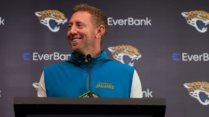 Jacksonville Jaguars head coach Liam Coen speaks during a press conference at the Miller Electric Center, Monday, April 20, 2026 in Jacksonville, Fla.