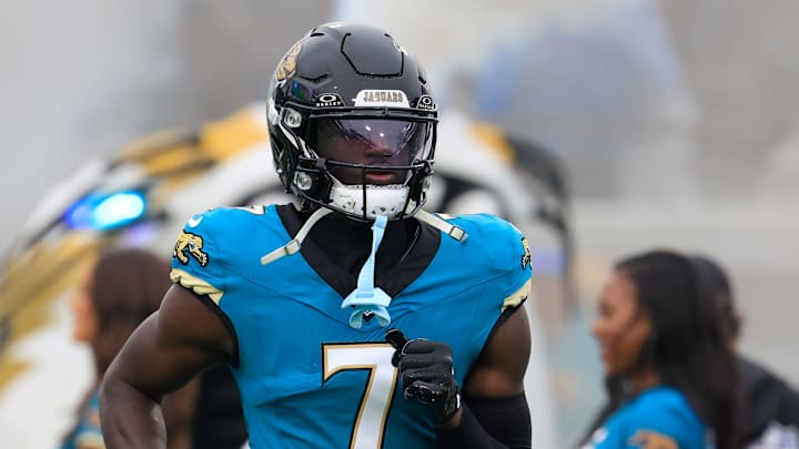 Jacksonville Jaguars wide receiver Brian Thomas Jr. (7) is introduced before an NFL football game at EverBank Stadium, Sunday, Dec. 7, 2025, in Jacksonville, Fla. The Jaguars defeated the Colts 36-19.