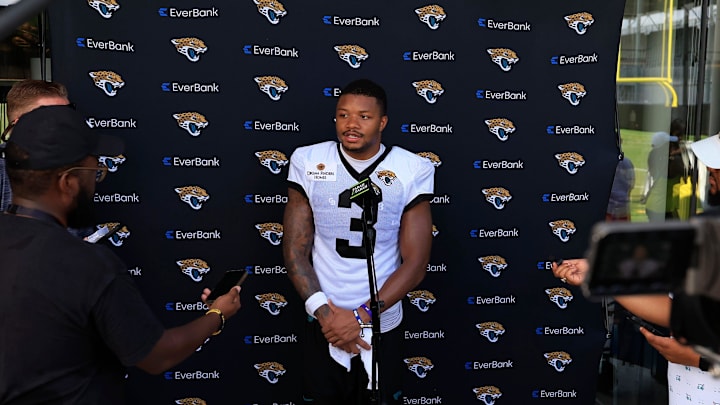 Jacksonville Jaguars cornerback Tyson Campbell (3) answers questions from the media after an NFL training camp session at the Miller Electric Center, Sunday, Aug. 3, 2025, in Jacksonville, Fla. [Corey Perrine/Florida Times-Union]
