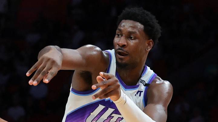 Feb 9, 2026; Miami, Florida, USA; Utah Jazz forward Jaren Jackson Jr. (20) passes the basketball as Miami Heat guard Dru Smith (12) defends during the first quarter at Kaseya Center. Mandatory Credit: Sam Navarro-Imagn Images Feb 9, 2026; Miami, Florida, USA; Utah Jazz forward Jaren Jackson Jr. (20) passes the basketball as Miami Heat guard Dru Smith (12) defends during the first quarter at Kaseya Center. Mandatory Credit: Sam Navarro-Imagn Images