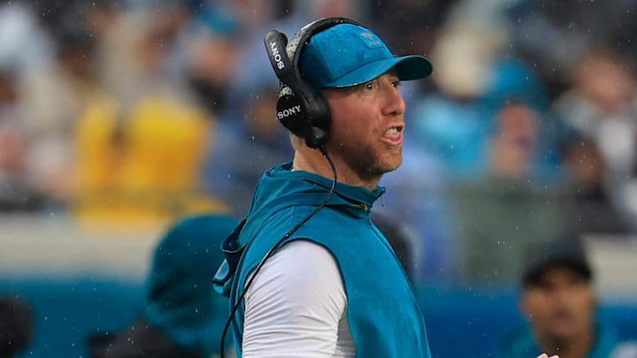 Jacksonville Jaguars head coach Liam Coen coaches during the third quarter of an NFL football game at EverBank Stadium, Sunday, Dec. 7, 2025, in Jacksonville, Fla. The Jaguars defeated the Colts 36-19. [Corey Perrine/Florida Times-Union]