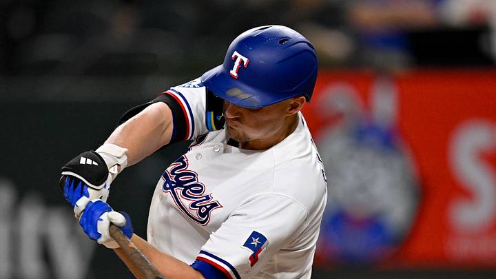 Sep 16, 2026; Arlington, Texas, USA; Texas Rangers shortstop Corey Seager (5) bats during the game between the Rangers and the Red Sox at Globe Life Field. Mandatory Credit: Jerome Miron-Imagn Images