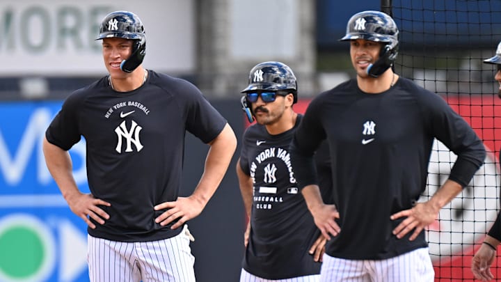 Feb 16, 2026; Tampa, FL, USA; New York Yankees outfielder Aaron Judge (99) and outfielder Giancarlo Stanton (27) run the bases during spring training at George M. Steinbrenner Field. Mandatory Credit: Jonathan Dyer-Imagn Images